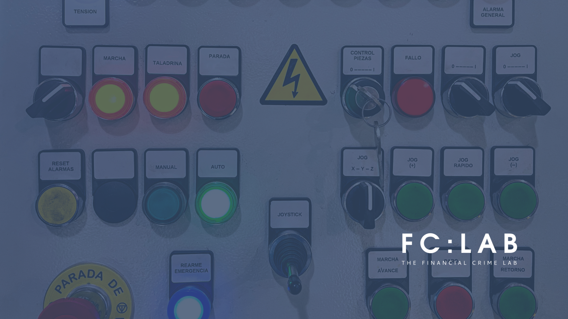 Blue-tinted machinery control panel with the FC:LAB logo