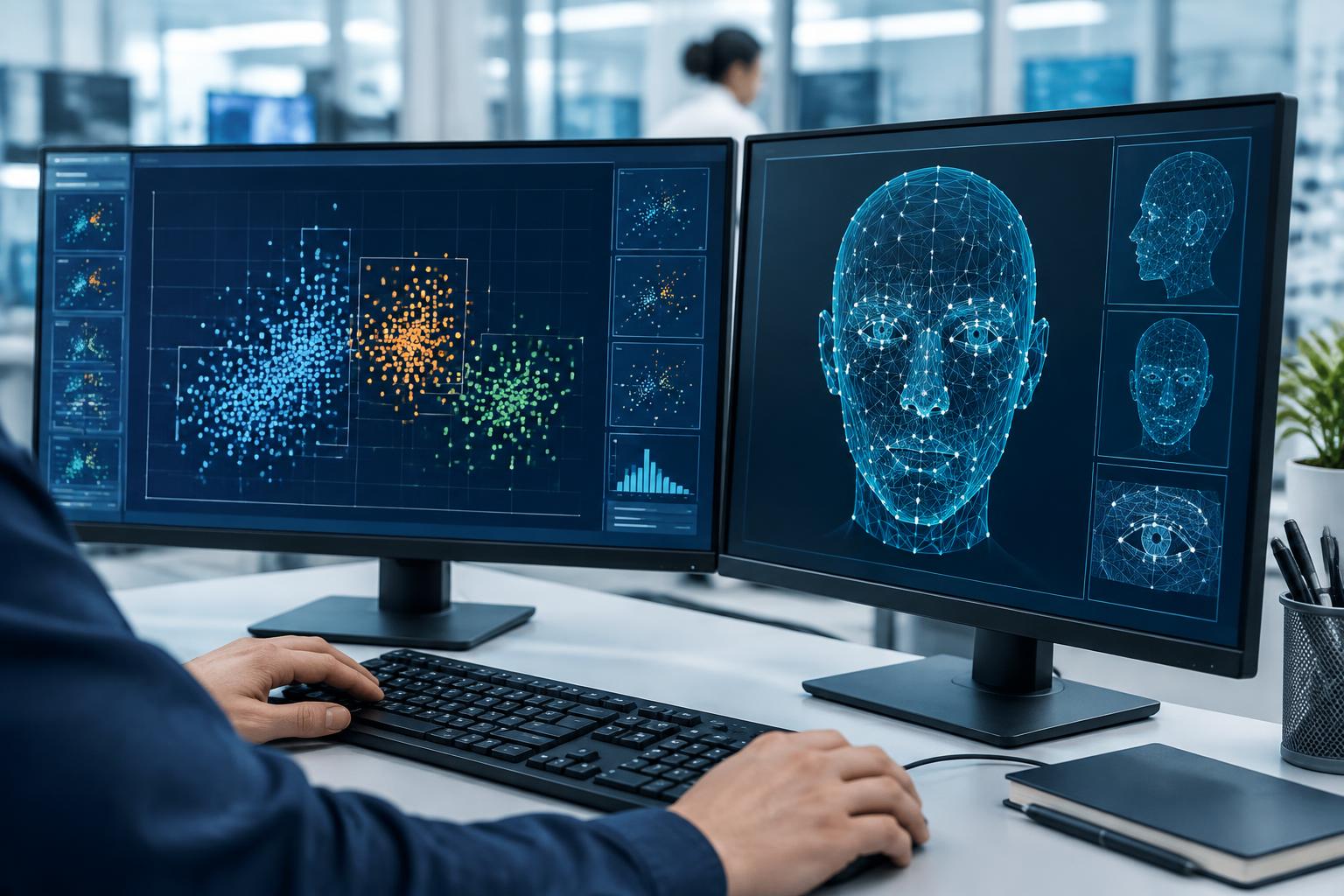 Illustrative photograph of synthetic data and facial modelling on computer screens