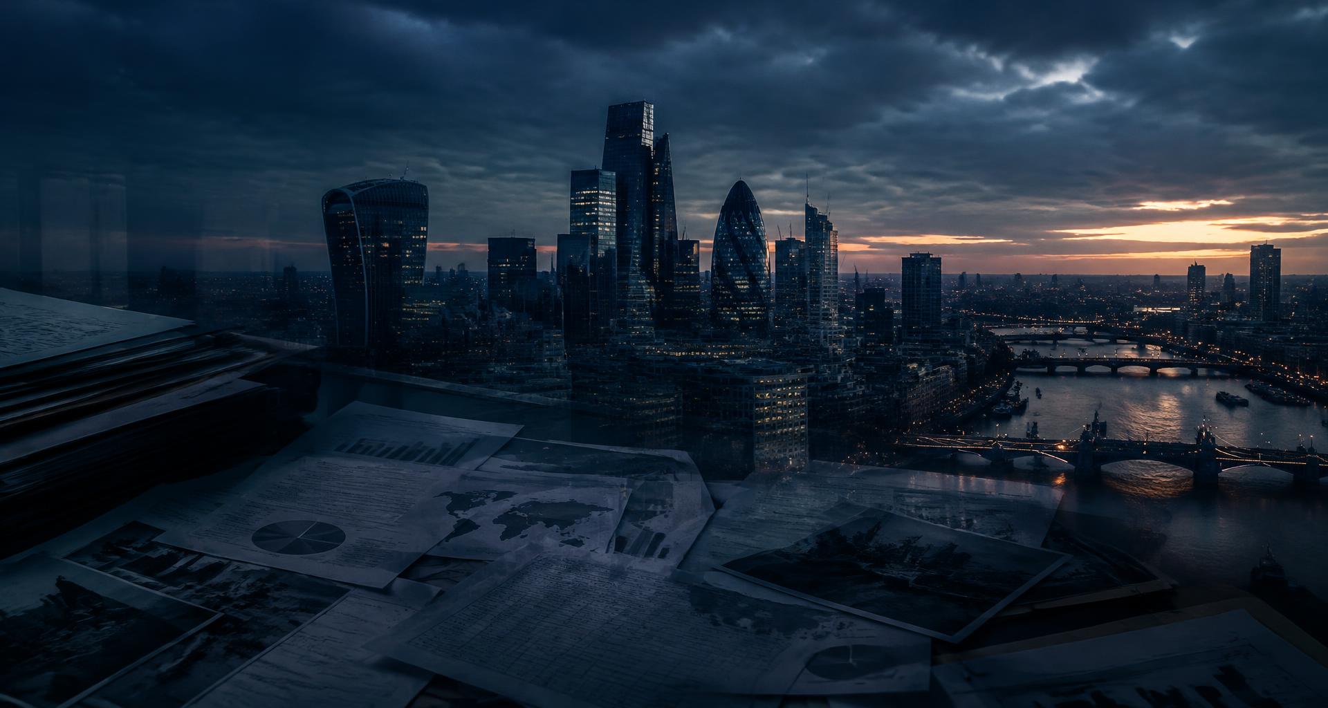Illustration of case files overlooking the City of London
