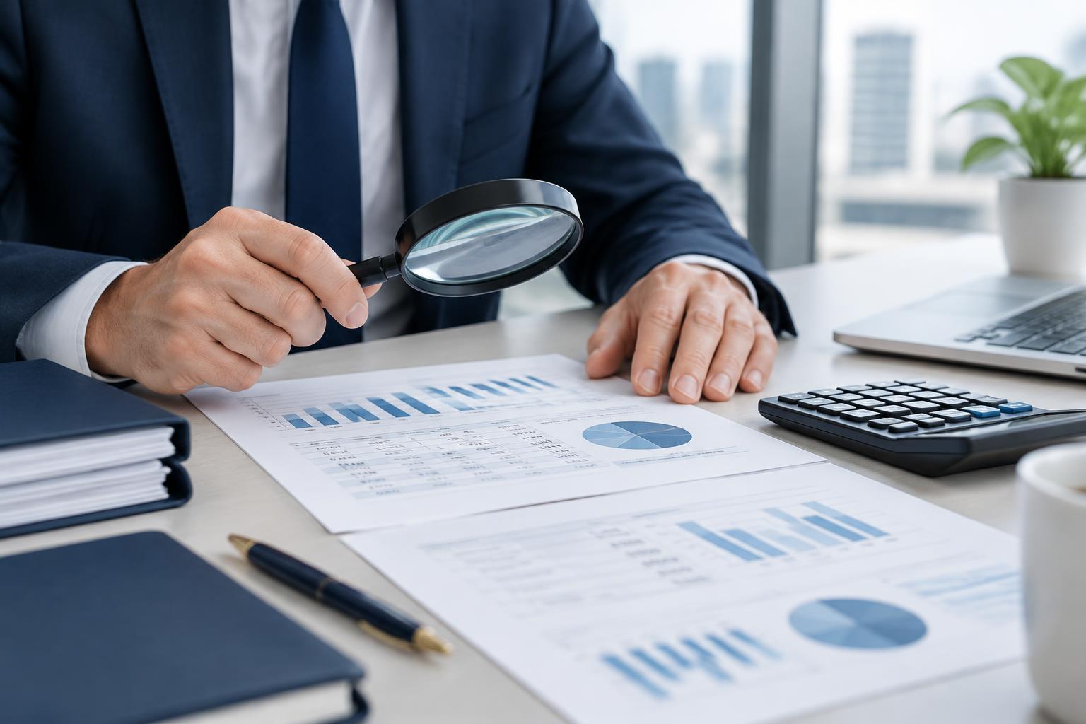 Illustrative photograph of an analyst reviewing financial documents