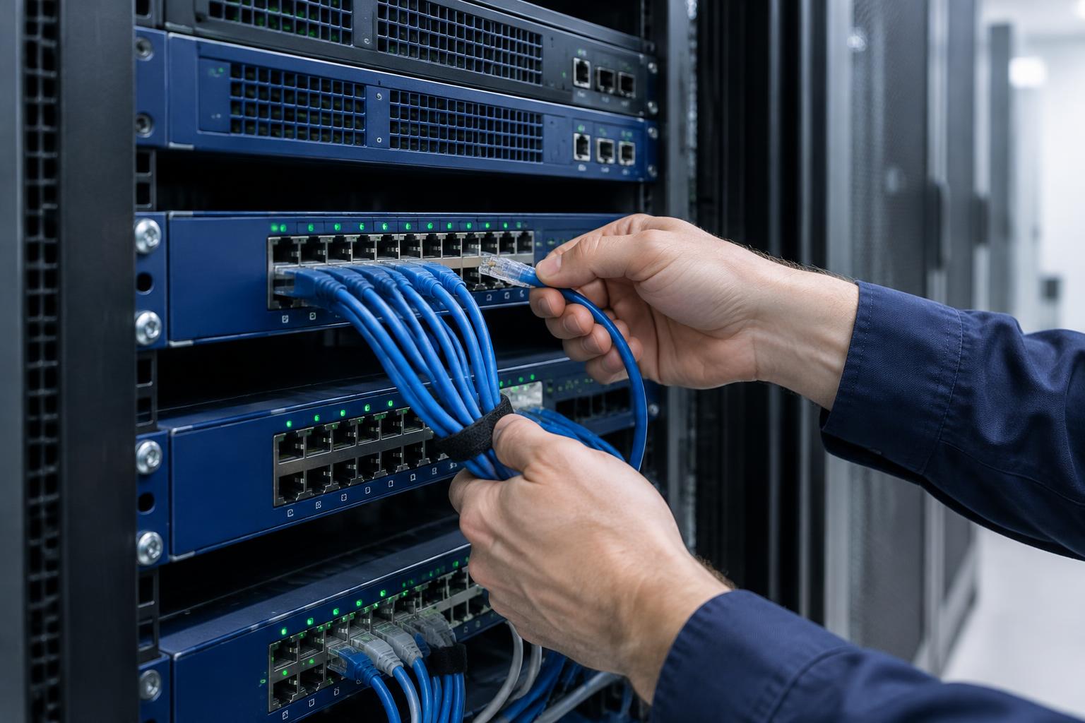 Illustrative photograph of network cables being disconnected at a server rack