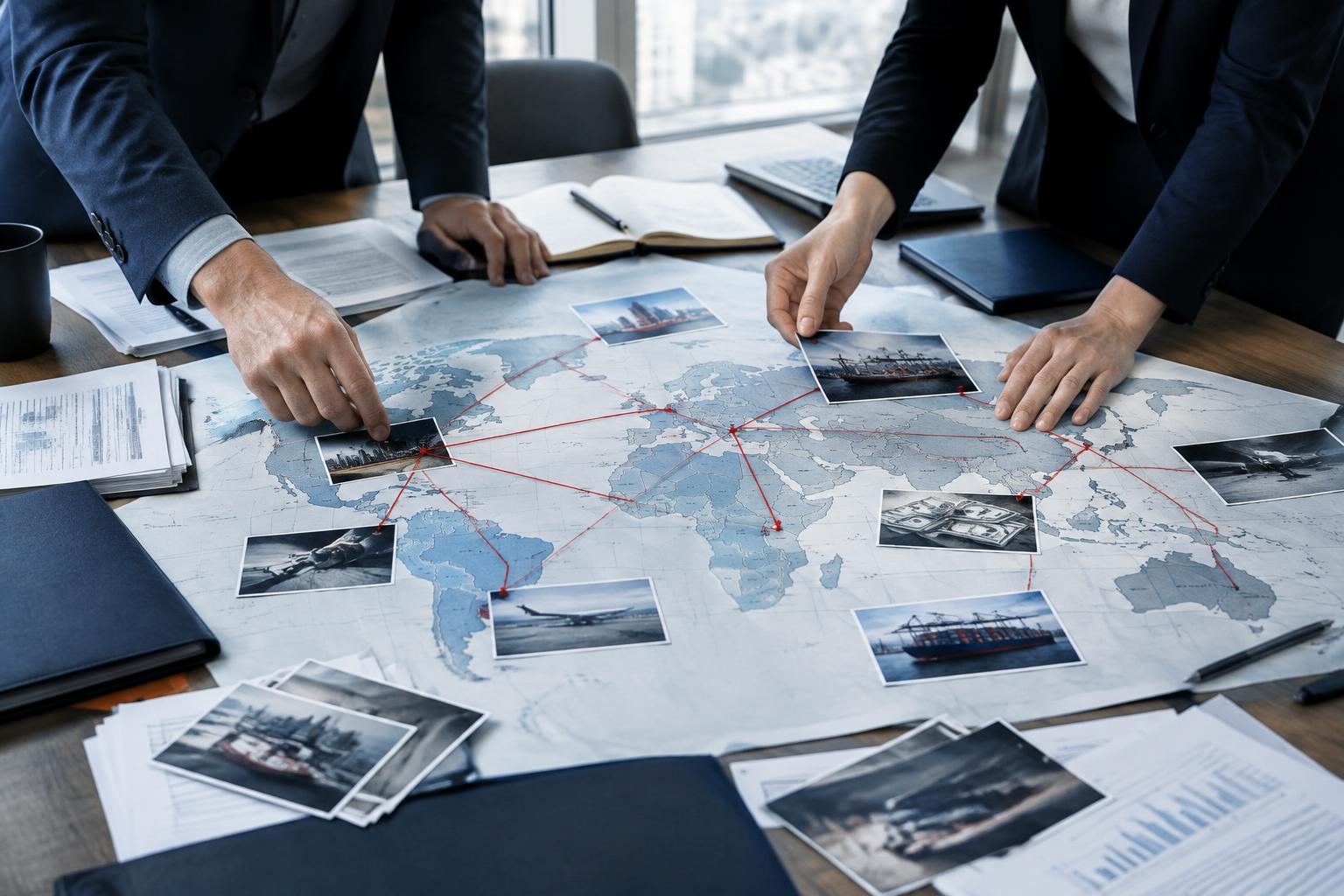 Illustrative photograph of investigators tracing connections on a world map