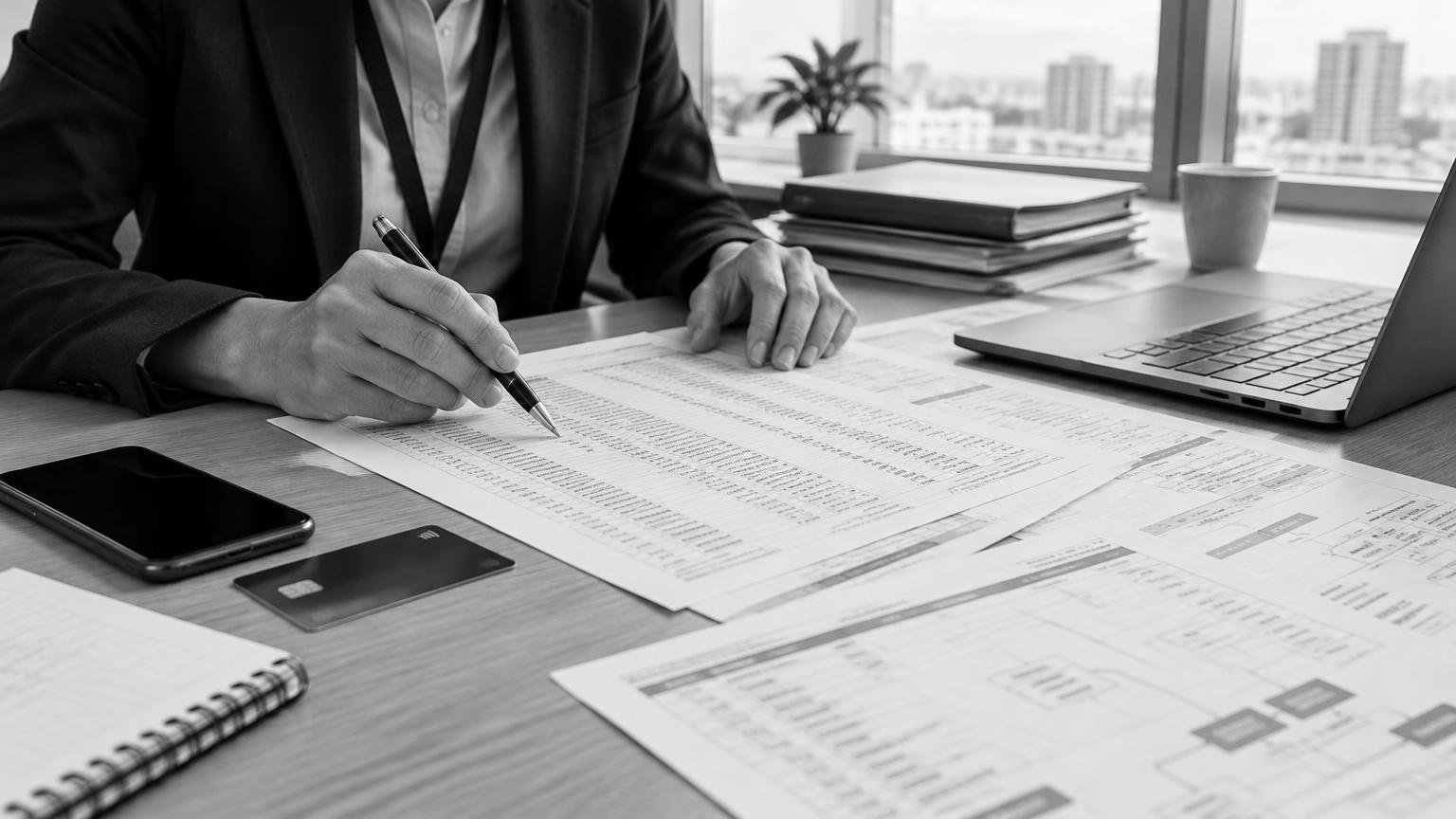 Illustrative photograph of a bank analyst reviewing payment records beside a smartphone and bank card