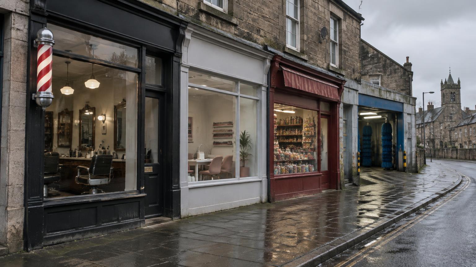 Illustrative photograph of an empty British high street with a barbershop and a nail salon