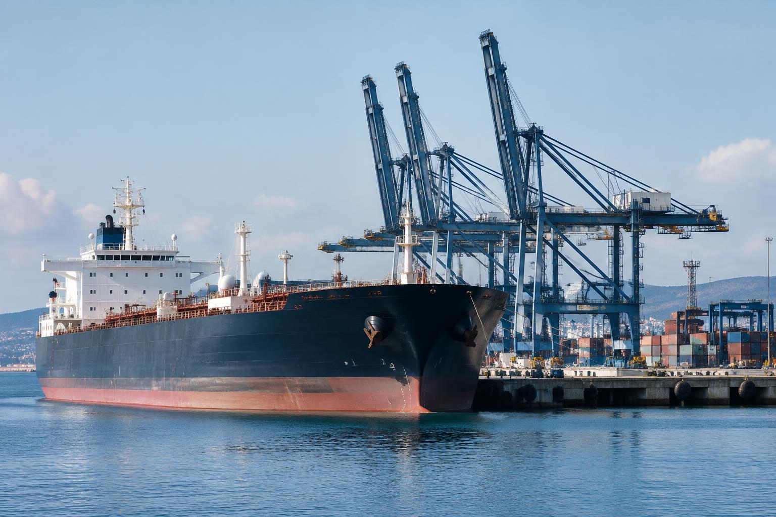 Illustrative photograph of a cargo tanker in an international port